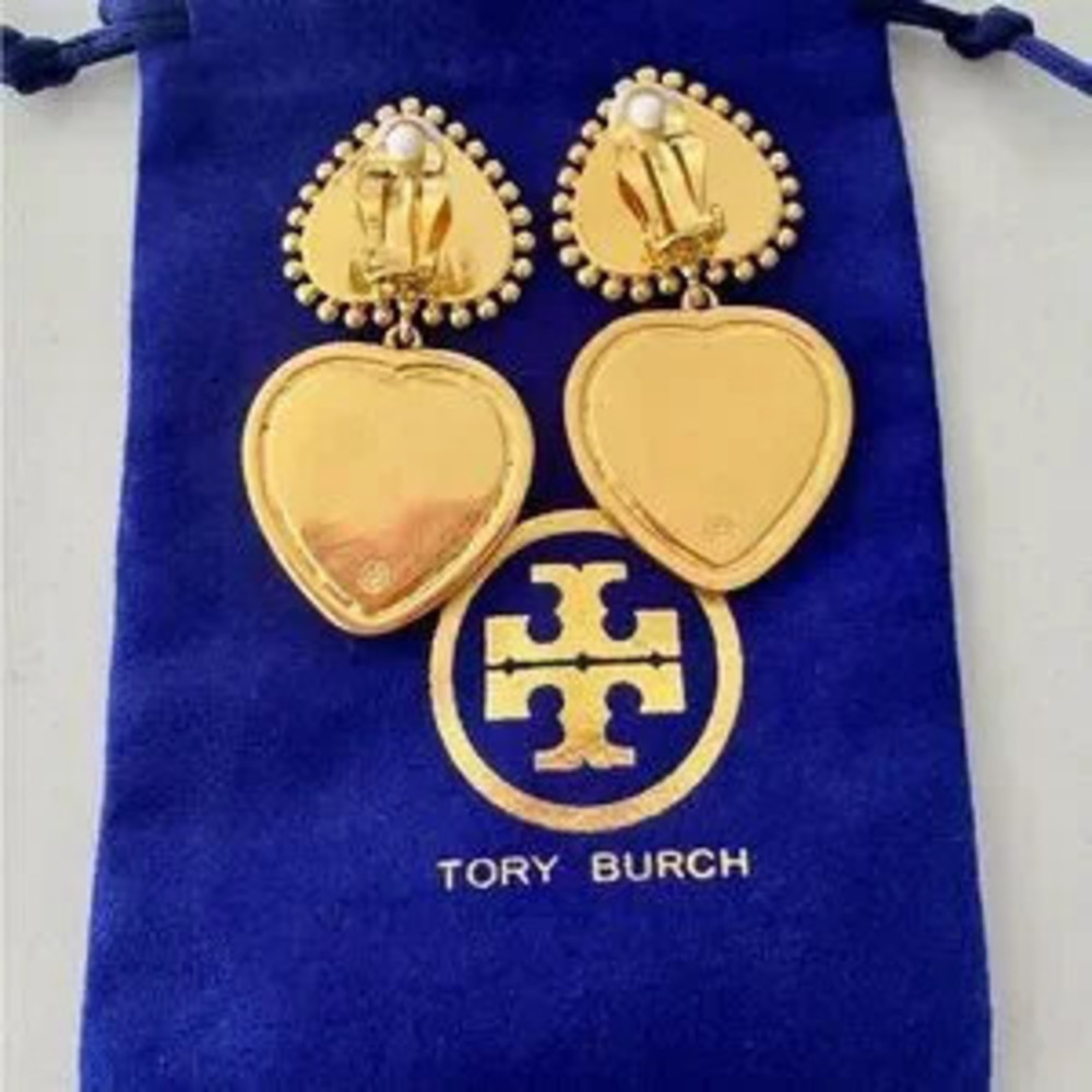 TORY BURCH Elegant Gold and?White Heart Earrings